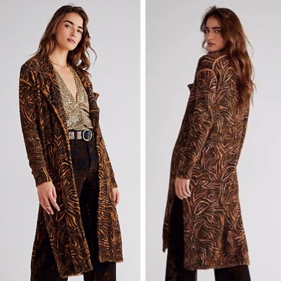 NEW Free People Long Animal Cardigan Brown Motif XS - Picture 1 of 14